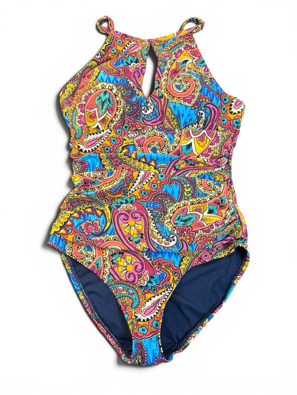 NWT Ellen Tracy Women's Keyhole Navy Paisley One Piece Swim Suit size 10 MSRP$98